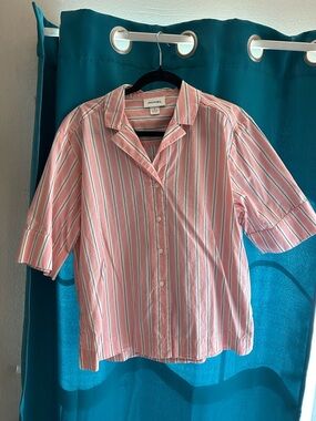 Monki Pink, White and Gray Striped Short Sleeve Button-Down Shirt